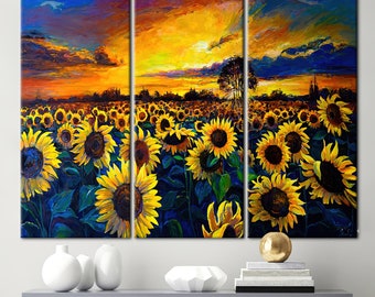 ひまわり畑の絵画、夕焼けの自然風景キャンバスアート、ひまわり畑の