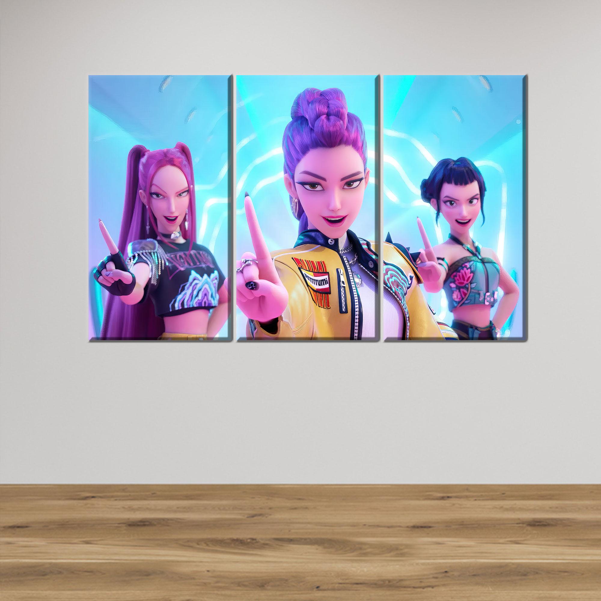 Modern K-Pop Girl Poster, Girl Group Canvas, Demon Hunters Wall Art, Anime Style Digital Artwork, Multi Panel or Framed Print Option
