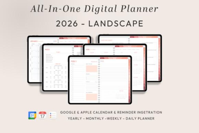 2026 Coral Digital Planner Sunday Start | Landscape Hyperlinked iPad ...