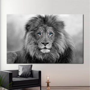 Black and White Lion Canvas Wall Art, Blue Eyes Lion Print, Safari Animal Portrait, Bold Wildlife Decor, Jungle King Wall Artwork