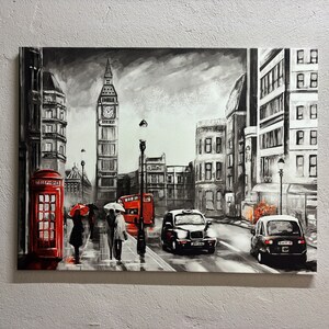 Umbrella Art, Modern Art Canvas, Abstract Art Canvas, Cityscape Canvas, Red Art Canvas, Big Ben Canvas Art, Landscape Art,