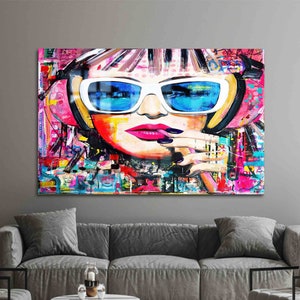 Wall Decor, Glass Wall Art, Wall Decoration, Colorful Woman Glass Wall Art, Girl Graffiti Glass Wall, Woman Portrait Glass Art,