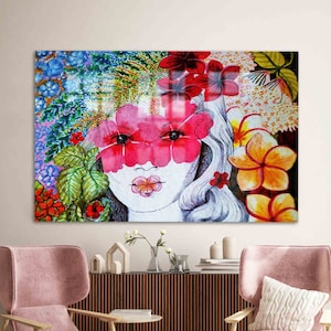 Wall Decoration, Tempered Glass, Glass Art, Flowers And Woman Painting, Abstract Wall Decoration, Woman Portrait Glass Wall Art,
