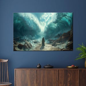 Puede incluir: Impresión en lienzo que representa una escena dramática de una figura de pie entre imponentes olas del océano. La obra de arte presenta una persona con una túnica fluida, sobre un fondo de agua turquesa agitada y costas rocosas. El tema general es de asombro.