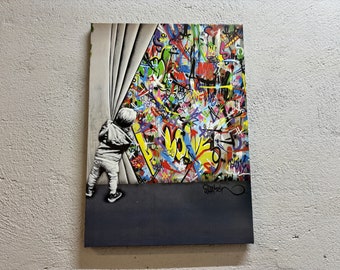Banksy Boy Art, Banksy Art, Behind the Curtain Art Canvas, Abstract Art Canvas, Martin Watson Canvas, Banksy Colorful Graffiti Wall Art,