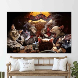 Décoration de salle de jeux, chats abstraits sur toile 3D, art mural chats avec cartes à jouer, cadeau pour la maison, décoration murale homme des cavernes, décoration murale moderne,
