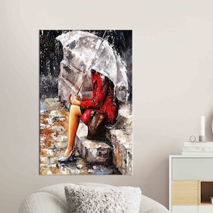 Woman Sitting In The Rain, Rainy Day Wall Art, Woman With Umbrella Wall Decor, Abstract Art, Abstract Woman Canvas, Modern Printed,