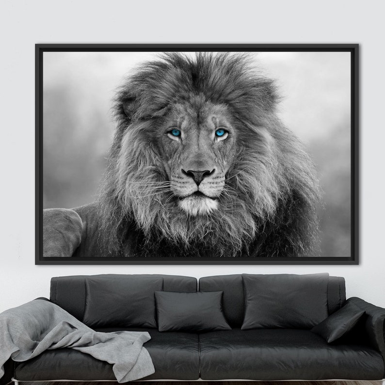 Blau gemusterter Löwe Wandbild, Tierleinwand Kunst, Wildtier Wandkunst, Loft Wandkunst, Wildtier Leinwand, Löwe-Wand-Dekor, Wilde Löwen-Wandkunst, Bild 8