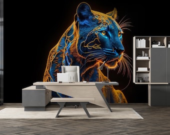 Panther Wallpaper, Surreal Wallpaper, Shining Panther, Modern Wall Art, Abstract Wallpaper, Trendy Wall, Animal Wallpaper, Custom Gift,
