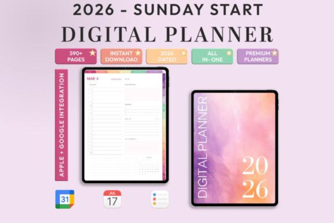 2026 Pastel Digital Planner Sunday Start | Portrait Hyperlinked iPad ...
