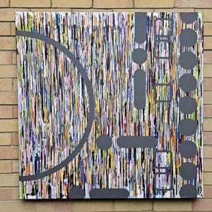May include: Abstract painting with a colourful background and grey geometric shapes. The shapes include circles, rectangles, and lines.