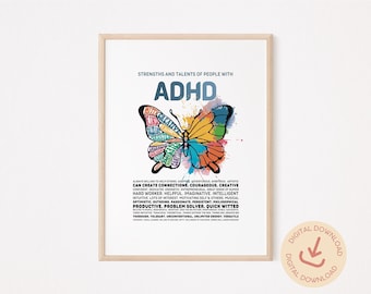 Cartel de TDAH, Arte de pared de TDAH imprimible, Terapeuta, Consejero escolar, Decoración de oficina de psicólogo, Salud mental imprimible, Arte de neurodiversidad