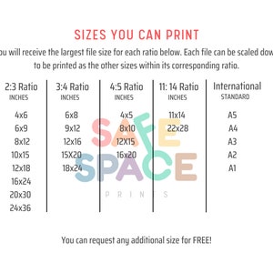May include: A chart showing different print sizes for digital downloads. The chart is labeled with different aspect ratios, including 2:3, 3:4, 4:5, and 11:14. The chart also includes international standard sizes, such as A5, A4, A3, A2, and A1. The chart is colorful and includes the word "SAFE SPACE" in large, colorful letters.