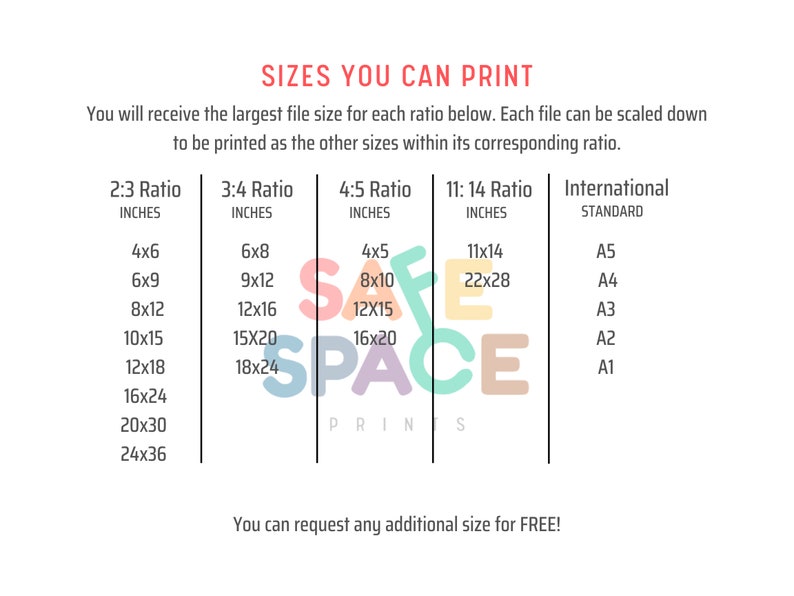 May include: A chart showing different print sizes for digital downloads. The chart is labeled with different aspect ratios, including 2:3, 3:4, 4:5, and 11:14. The chart also includes international standard sizes, such as A5, A4, A3, A2, and A1. The chart is colorful and includes the word "SAFE SPACE" in large, colorful letters.
