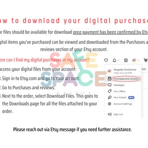 May include: A screenshot of a computer screen showing instructions on how to download digital purchases from Etsy. The instructions include signing into Etsy.com, going to your account, and selecting "Purchases and reviews".