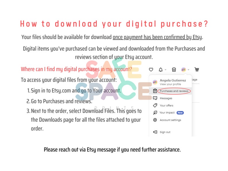 May include: A screenshot of a computer screen showing instructions on how to download digital purchases from Etsy. The instructions include signing into Etsy.com, going to your account, and selecting "Purchases and reviews".