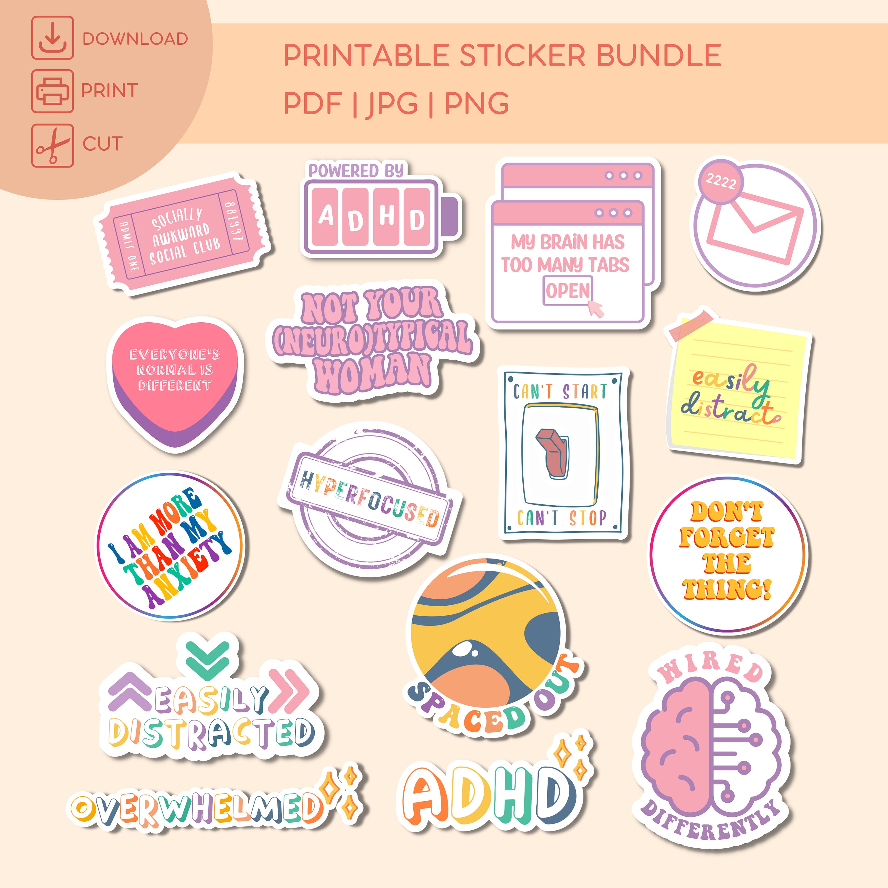 ADHD Sticker, Printable ADHD Sticker Pack, ADHD Planner Stickers, Mental Health, Psychology Sticker, Neurodiversity Sticker