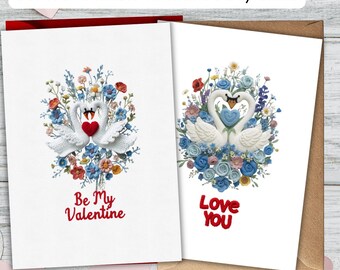 Printable Valentine's Day Cards - 2 Crochet Style Swan Love Cart - Romantic A6 Digital Download