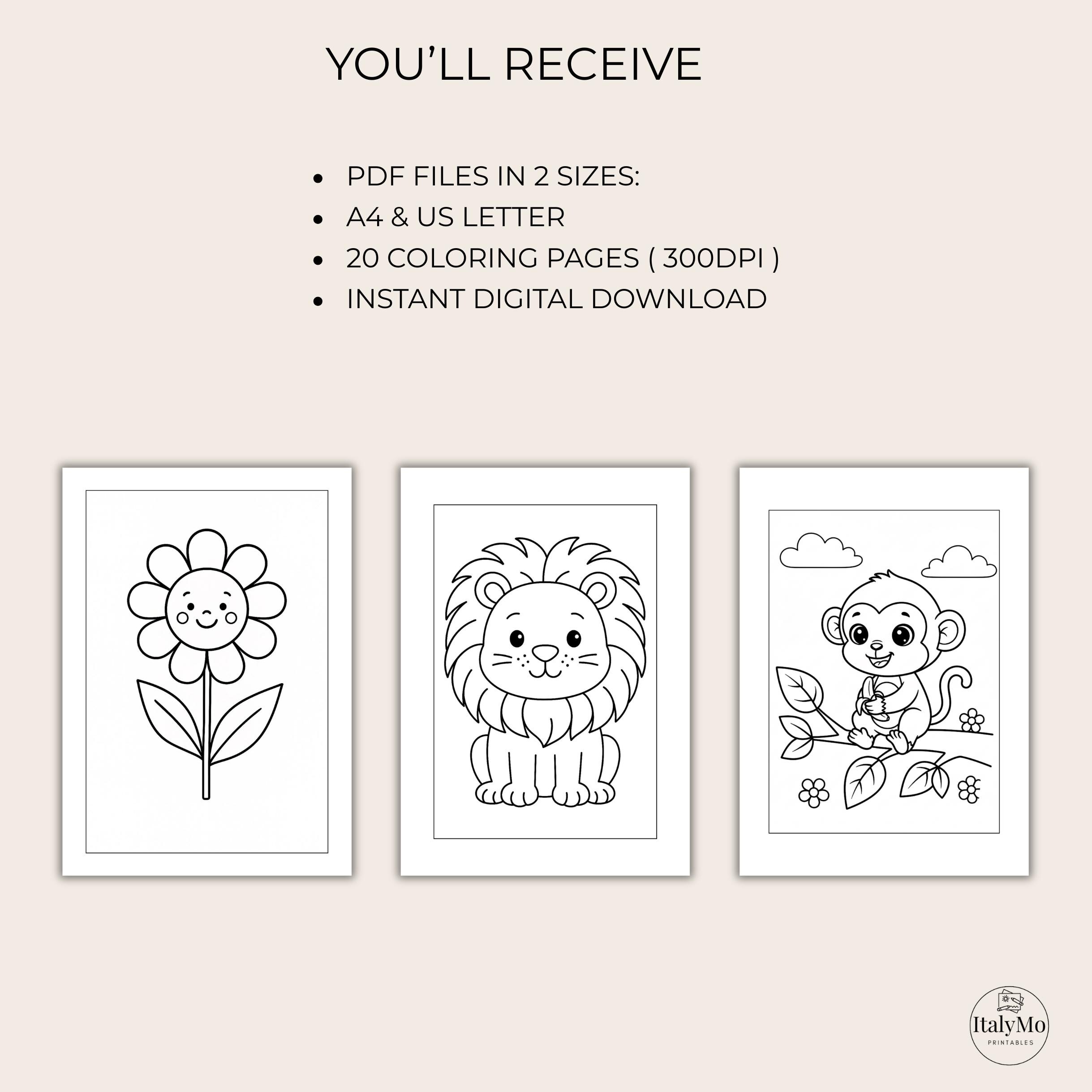 Toddler Coloring Book Printable PDF | 20 Simple Animals & Vehicles ...
