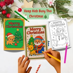 Può includere: Tre biglietti natalizi da colorare con la scritta "Merry Christmas". Un biglietto presenta un cucciolo e un albero di Natale, un altro Babbo Natale e una renna, e il terzo un pupazzo di neve e un coniglio. È visibile anche la frase "Keep Kids Busy This Christmas".