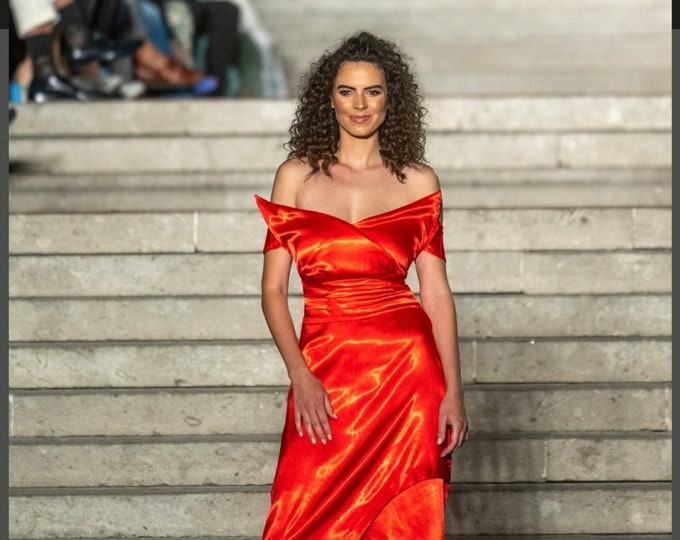 Red satin dress, special event fashion dress, designer extravagant dress, unique asymmetric dress, slow fashion handmade glamour dress