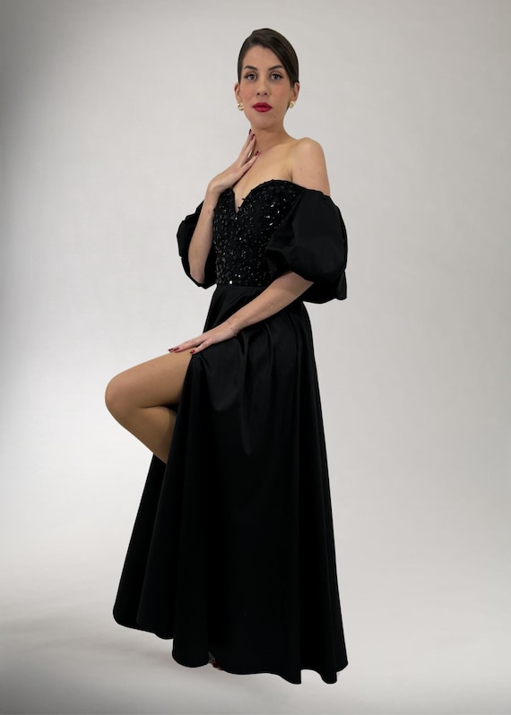 Black Corset Full Circle Dress With Slit, Special Occasion Lace With Zircone Corset Dress, Cotton With Elastane Prom Dress, Cocktail Dress