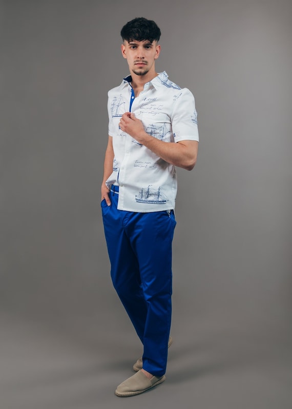 Unique Cotton Short Sleeve Shirt with Nautical Design for Men - Handmade, Designer Men's Shirt with Exclusive Ship Print, Slim Fit Style