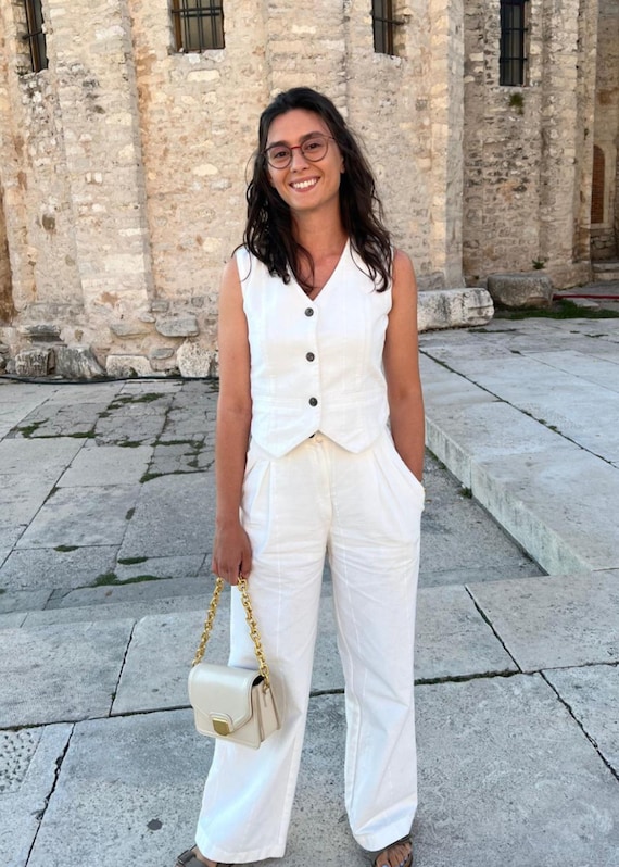 Chic Linen Two-Piece Set: Elegant Waistcoat & Wide Leg Pants for Summer, Casual Button Up Sleeveless Vest Set, Elegant Designer Set