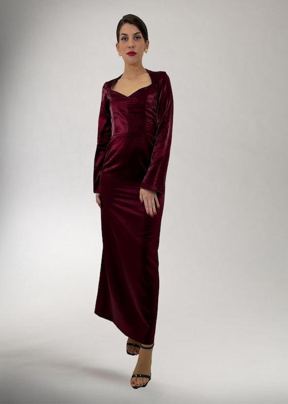 Cocktail Party Shimmering Burgundy Dress, Straight-Cut Brocade Prom Dress, Celebration Long-Sleeved Elegant Dress, Luxury Feminine Dress