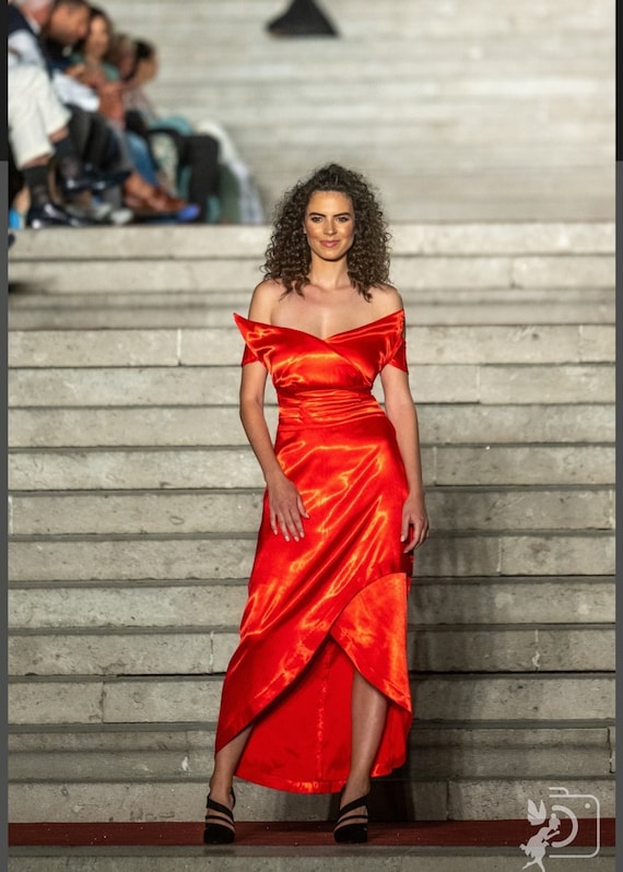 Elegant Red Satin Gown for Special Occasions - Asymmetric Designer Piece, Designer Extravagant Dress, Handmade Glamour Dress