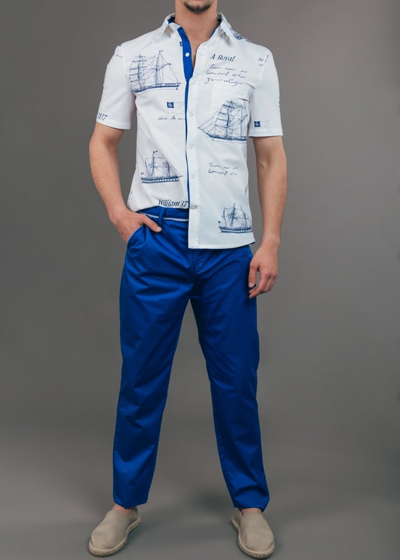 Men unique designer pants, cotton summer handmade pants, double pockets regular fit pants, slow fashion pants, royal blue elegant pants