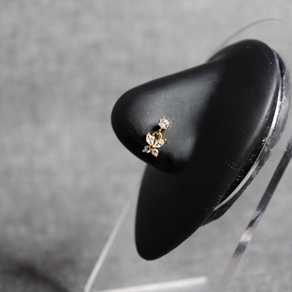 Sparkle Butterfly Nose Ring, Gold, Dangle Nose Rings, CZ Stone, Surgical Steel, 20G, L bend, Nose Piercing, Unique Statement Jewelry