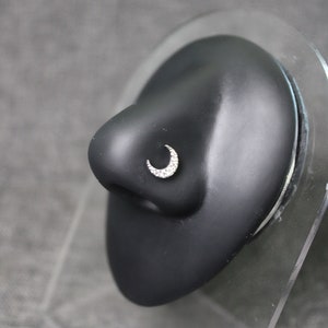 Puede incluir: Un aro de nariz de plata en forma de media luna con piedras de circonita cúbica transparentes.
