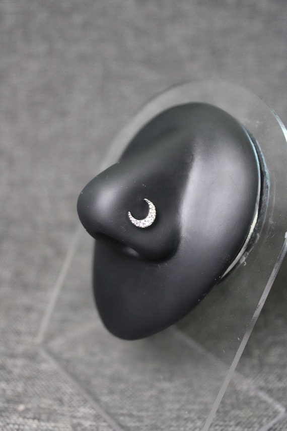 Moon Stud Nose Ring, Silver Crescent Moon, CZ Nose Ring, Surgical Steel, 20G, L Shaped, Nose Piercing, Dainty Unique Statement Body Jewelry