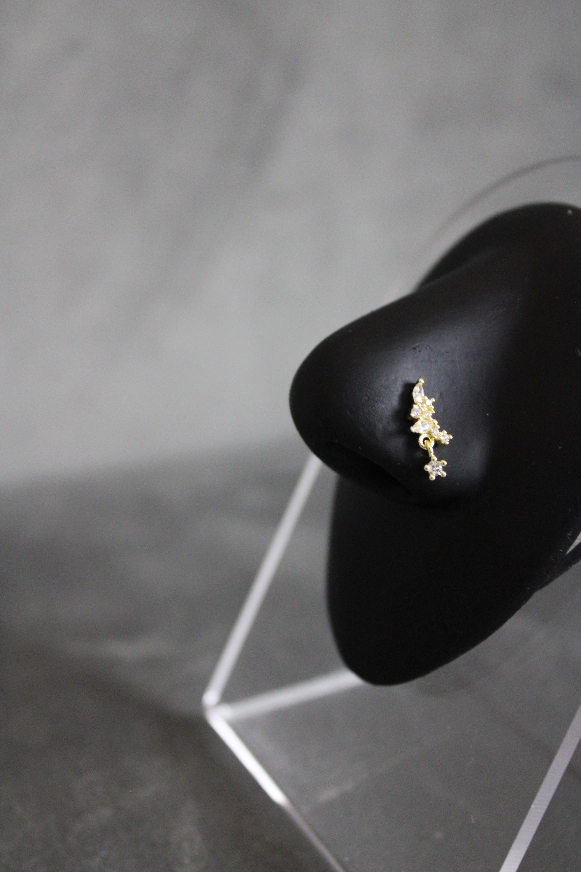 Gold CZ Diamond Nose Ring Unique Dangle Nose Ring Surgical Steel 20G L