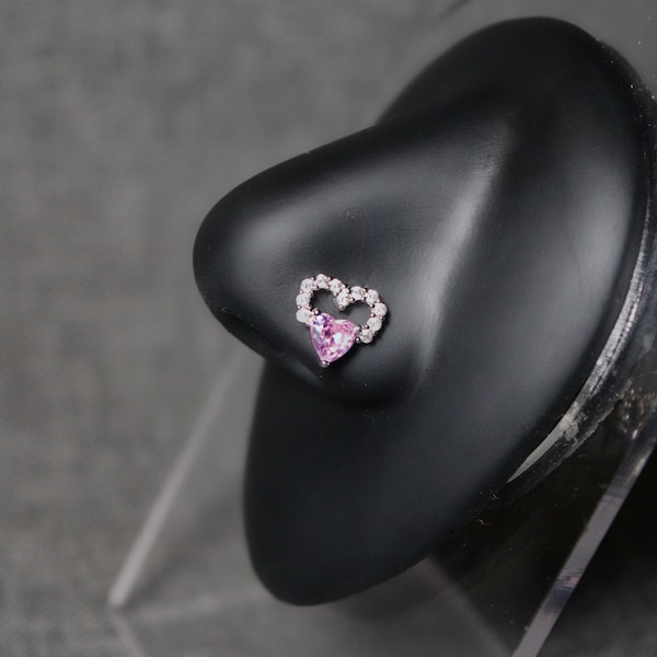 Large Double Heart Nose Ring, Silver Nose Rings, Pink CZ Stone, Surgical Steel, 20G, L bend, Nose Piercing, Unique Statement Jewelry