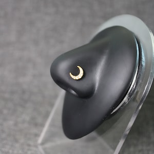 Puede incluir: Un aro de nariz de oro en forma de media luna con piedras de circonita cúbica transparentes.