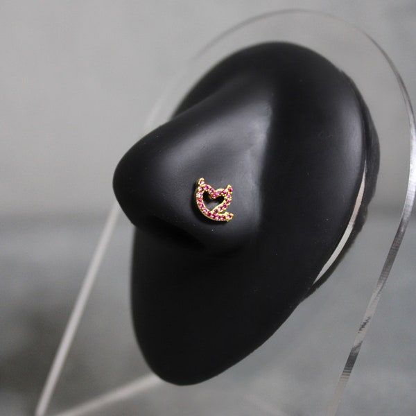 Devil Heart Gold Nose Ring, Pink CZ Nose Stud, Surgical Steel, 20G, L Shaped, Nose Piercing Jewelry, Statement Body Jewelry