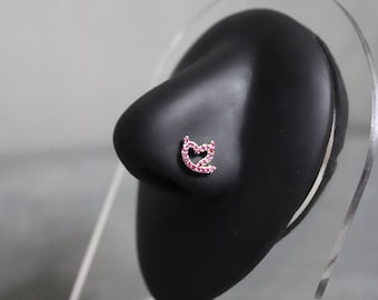 Teufel Herz Silber Nasenring, rosa CZ Nasenstecker, chirurgischer Stahl, 20G, L geformt, Nase Piercing Schmuck, Statement Körperschmuck