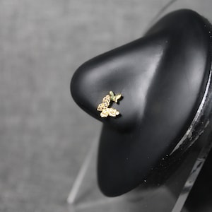 Double Butterfly Nose Ring, Gold Nose Rings, CZ Stone, Surgical Steel, 20G, L bend, Nose Piercing, Unique Statement Jewelry