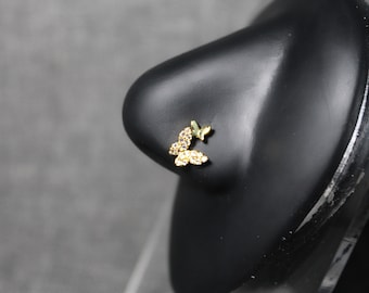 Doppel Schmetterling Nasenring, Nasenringe Gold, CZ-Stein, Chirurgenstahl, 20G, L-Biegung, Nasenpiercing, einzigartiger Statement-Schmuck