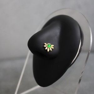 Flora Nose Ring, Gold Green CZ Flower Nose Ring, Nose Ring Stud, Surgical Steel, L Bend, 20G, Nose Piercing, Dainty Unique Statement Jewelry