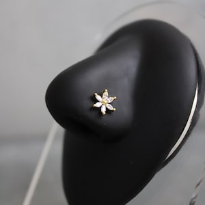 Flower Nose Ring, Gold, 20G, L Shaped, Nose Piercing Jewelry, White CZ, Dainty Unique Statement Body Jewelry