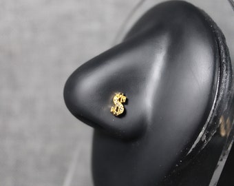 Money Sign Nose Ring, Gold Dollar Sign Nose Rings, Surgical Steel, 20G, L bend, Nose Piercing, Unique Statement Jewelry