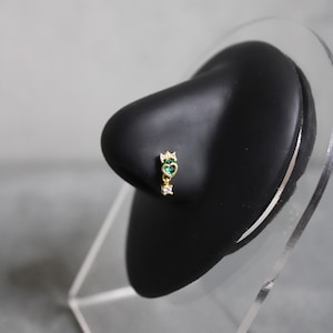Green Heart Nose Ring, Gold, CZ Nose Ring, Dangle Nose Ring, Surgical Steel, 20G, Nose Piercing, Dainty Unique Statement Jewelry