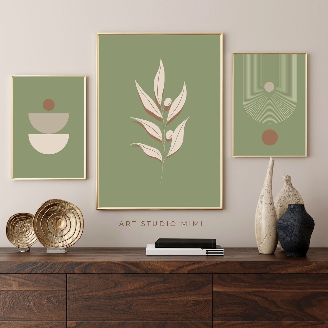 Boho Sage Green Wall Art Set of 3 Prints, Green Prints Wall Art, Abstract Boho Wall Art, Mid ...