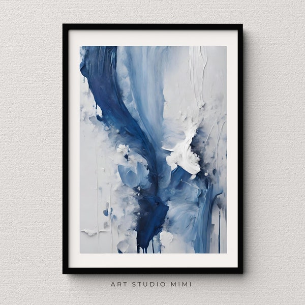 Abstract Brush Strokes Printable Wall Art, Blue Watercolor Wall Art Prints, Navy Blue Oil Painting Print, Minimalist Living Room Wall Decor