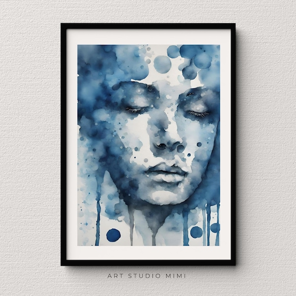 Abstract Woman Silhouette Wall Art Print, Blue Abstract Printable Wall Art, Blue Woman Silhouette Painting, Navy Blue Watercolor Poster