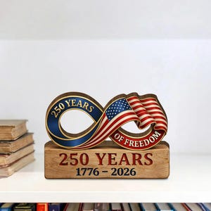 America 250 Wooden Block Sign, Patriotic Infinity Flag Tabletop Decor, USA Anniversary Display