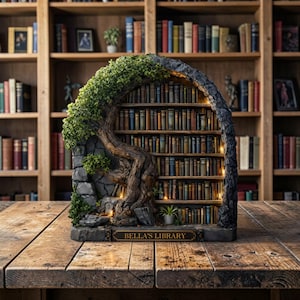 Personalisierte Fantasy Bibliothek Holzblock, Buchliebhaber Regal Dekor, Mini Bibliothek Buchecke, benutzerdefinierte Lesergeschenk, literarisches Wohndekor